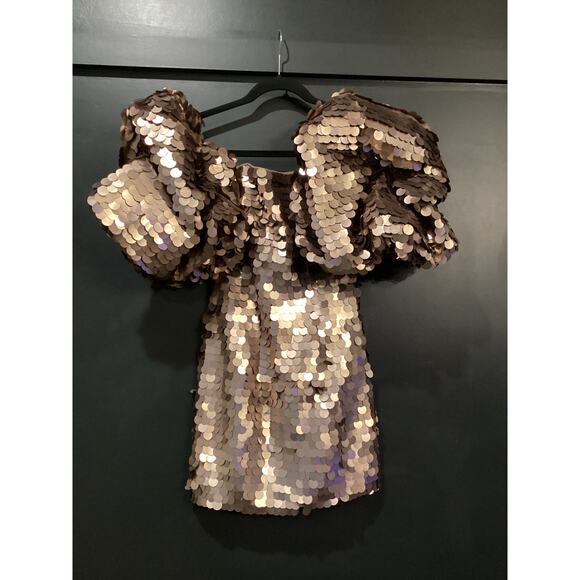 LEO LIN Brenda Gold Brown Sequin Puff Sleeve Statement Piece Mini Dress US 2 NWT - Picture 3 of 11